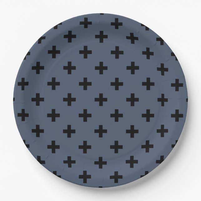 Black polka crosses on blue-grey paper plate (Front)