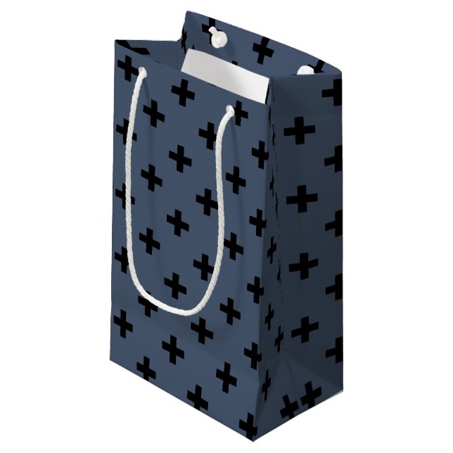 Black polka crosses on blue-grey small gift bag (Front Angled)