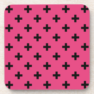 Black polka crosses on fuchsia coaster