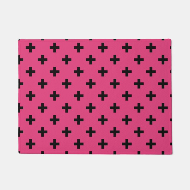 Black polka crosses on fuchsia doormat (Front)