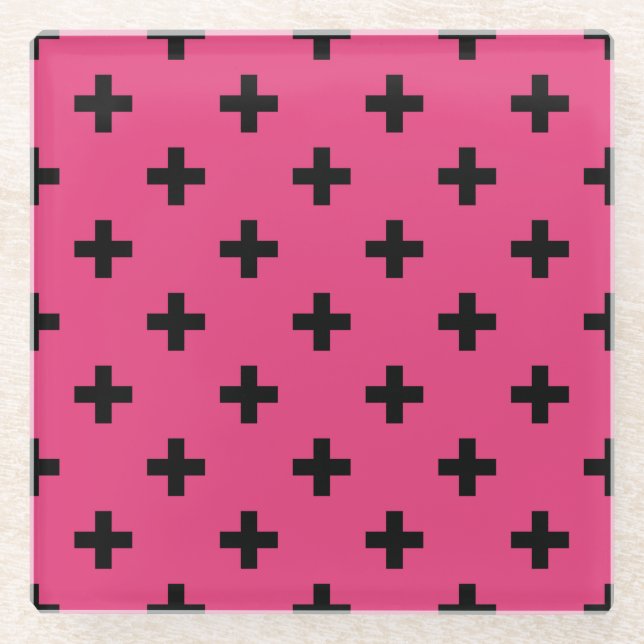 Black polka crosses on fuchsia glass coaster (Front)