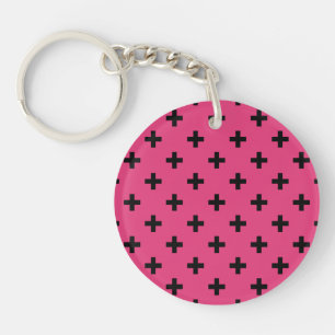 Black polka crosses on fuchsia key ring