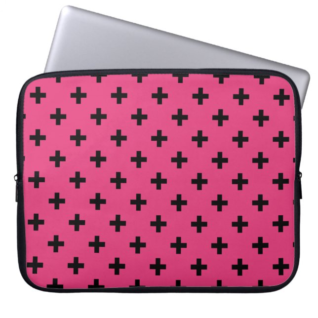 Black polka crosses on fuchsia laptop sleeve (Front)