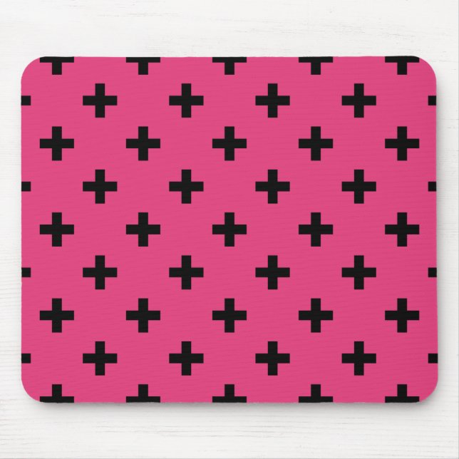 Black polka crosses on fuchsia mouse pad (Front)