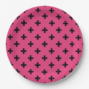 Black polka crosses on fuchsia paper plate