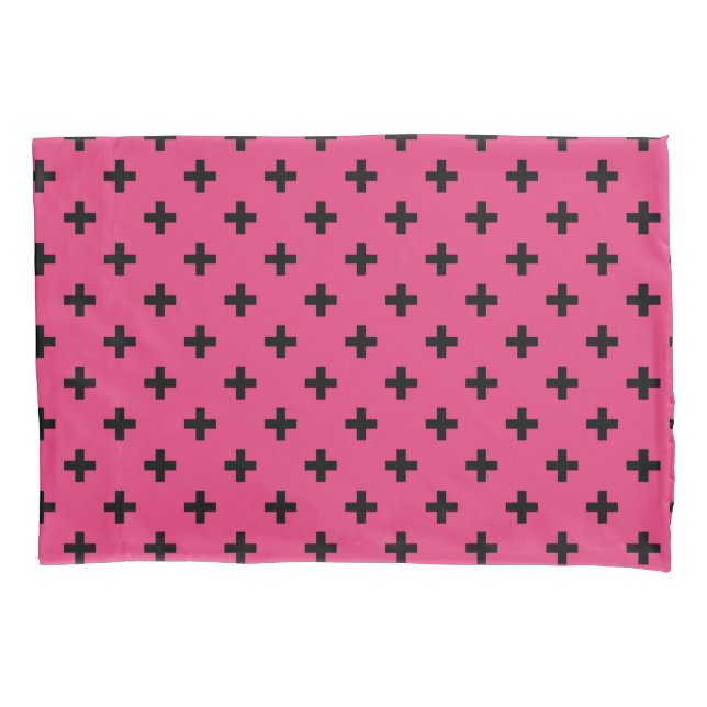 Black polka crosses on fuchsia pillowcase (Front)