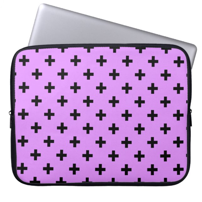 Black polka crosses on lilac laptop sleeve (Front)