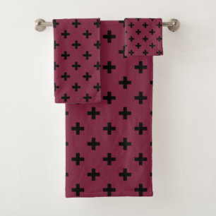 Black polka crosses on mulberry bath towel set
