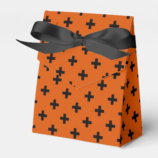 Black polka crosses on orange favour box (Front Side)