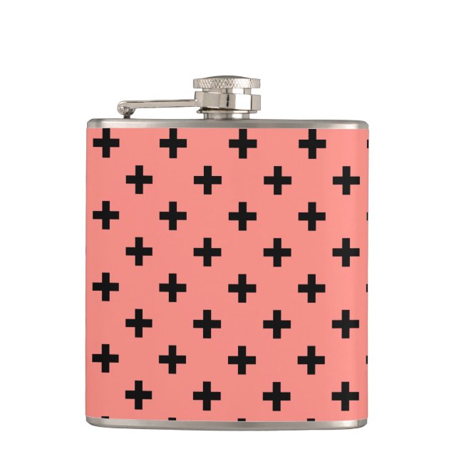 Black polka crosses on peach hip flask (Front)
