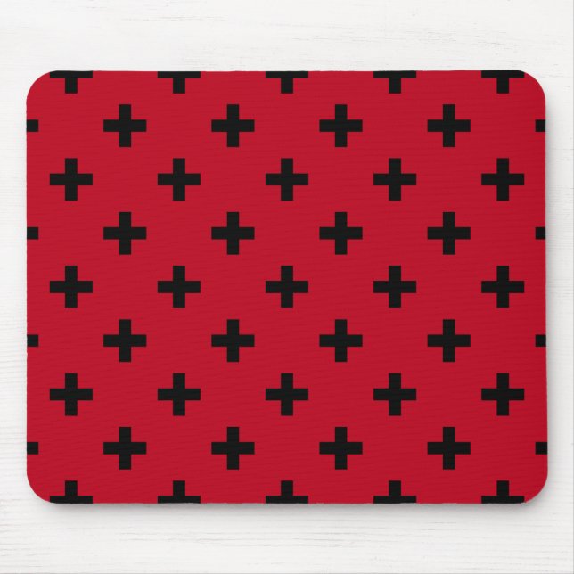 Black polka crosses on red mouse pad (Front)