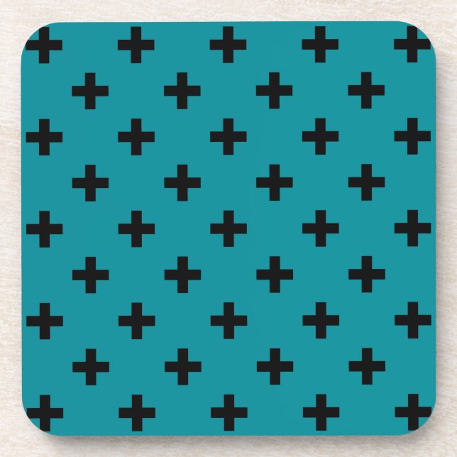 Black polka crosses on teal coaster (Front)