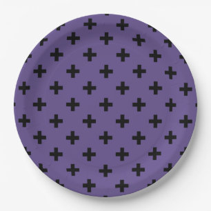 Black polka crosses on ultra violet paper plate
