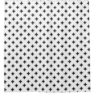 Black polka crosses on white shower curtain