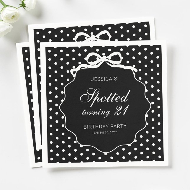 Black Polka Dot Bow Spotted Turning 21st Birthday Napkin (Black Polka Dot Bow Spotted Turning 21st Birthday Napkins)