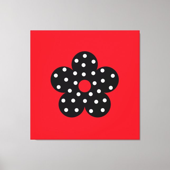 Black Polka Dot Flower on Red Background Canvas Print (Front)
