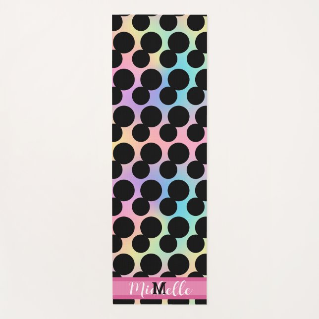 Black polka dot Gradient rainbow custom Monogram Yoga Mat (Front)