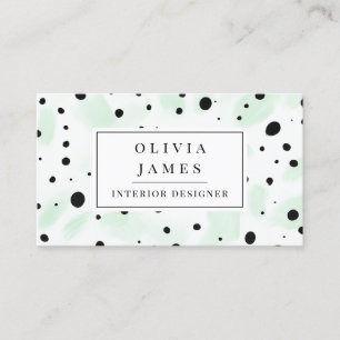 Black polka dot Green Watercolor Splash Modern Business Card