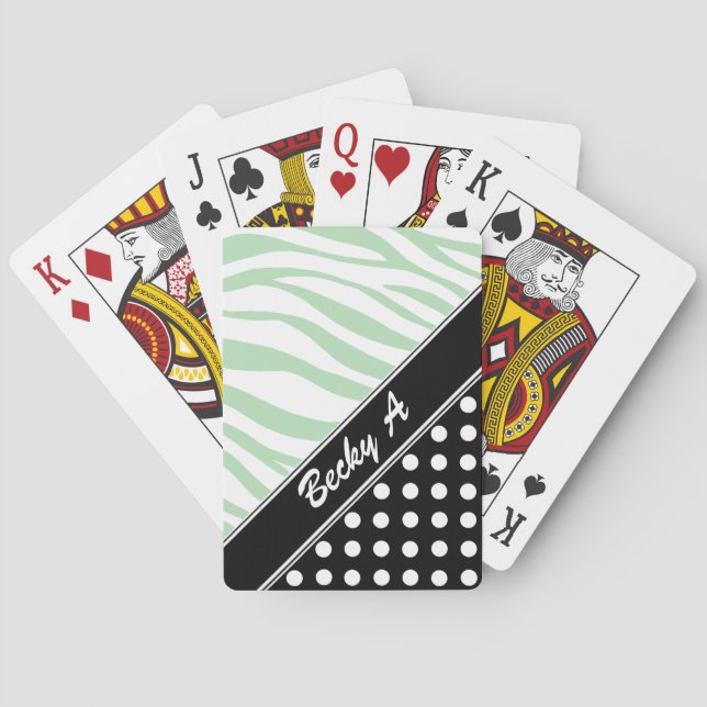 Black Polka Dot Green Zebra Print Playing Cards (Back)