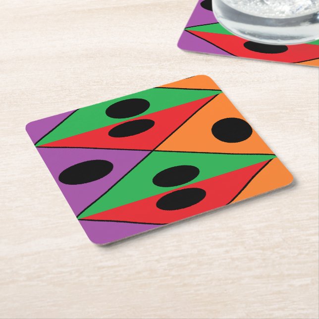 Black polka dot patterned square paper coaster (Angled)