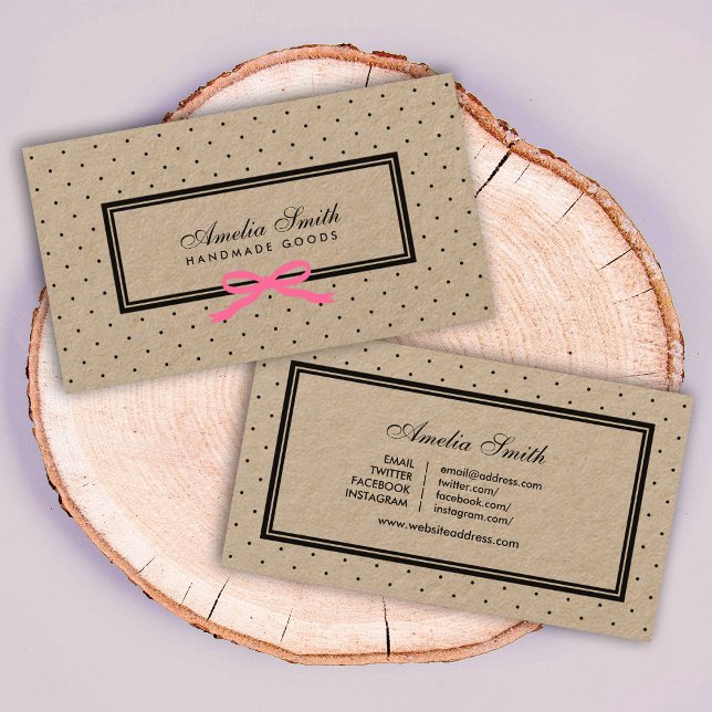 Black Polka Dot Pink Ribbon Social Media Kraft Business Card (Creator Uploaded)