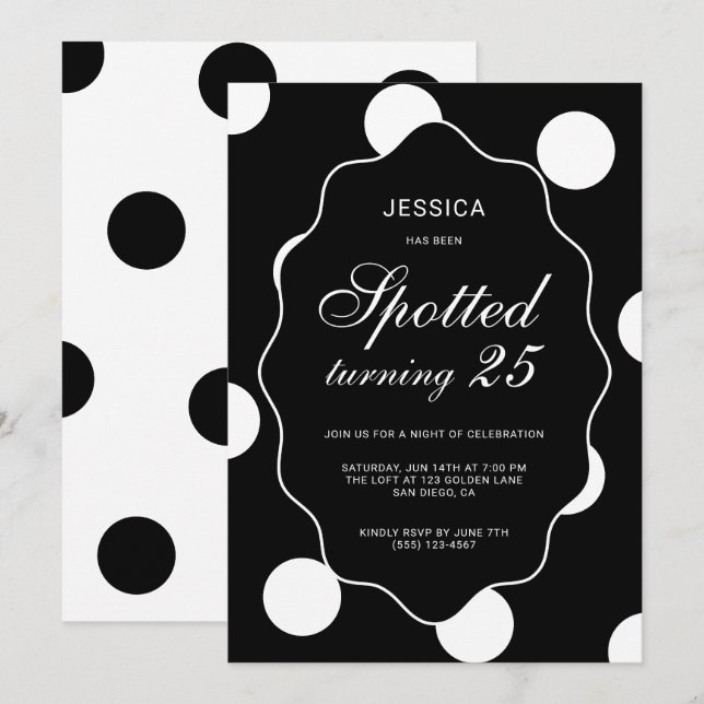 Black Polka Dot Spotted Turning 25th Birthday Invitation (Front/Back)