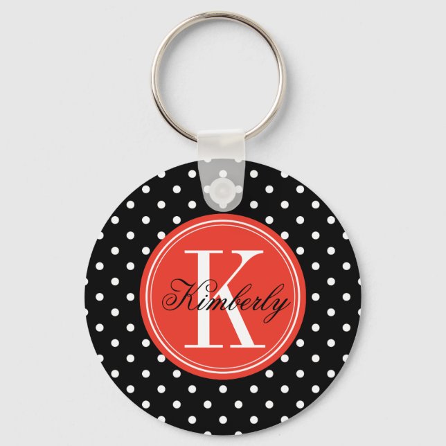 Black Polka Dot with Orange Monogram Key Ring (Front)