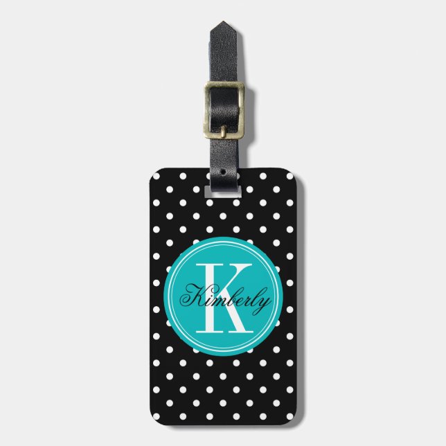 Black Polka Dot with Teal Monogram Luggage Tag (Front Vertical)