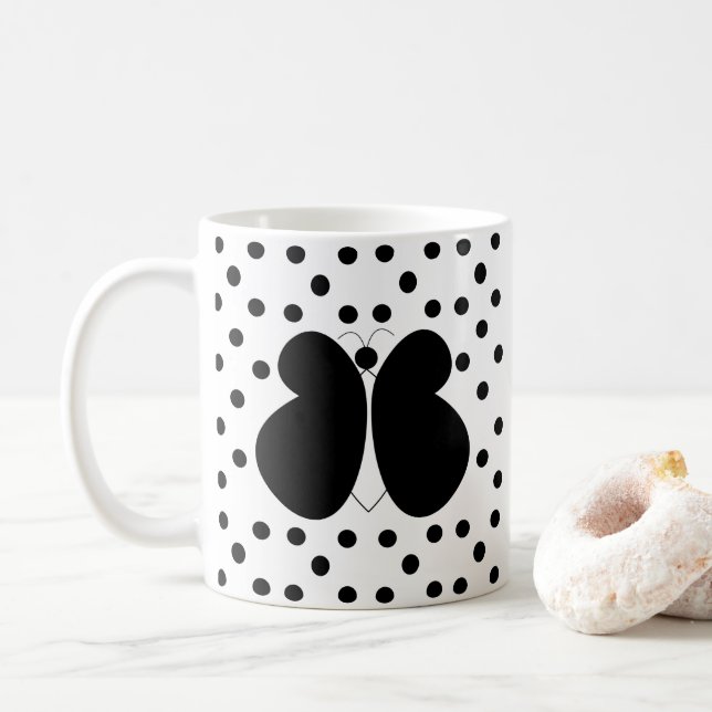 Black Polka Dots Butterfly  Coffee Mug (With Donut)