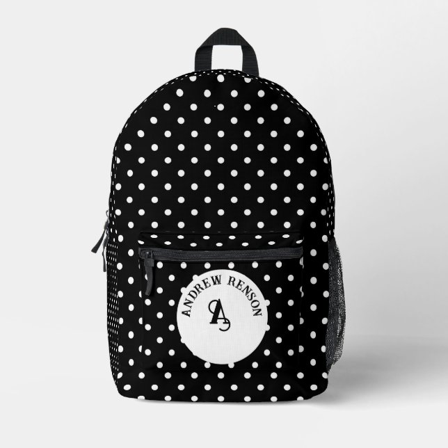 Black polka dots customisable printed backpack (Front)