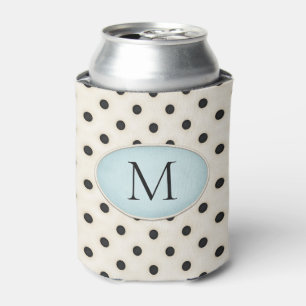 Black Polka Dots Ivory & Pale Blue Monogrammed Can Cooler