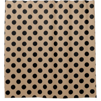 Black polka dots on beige shower curtain