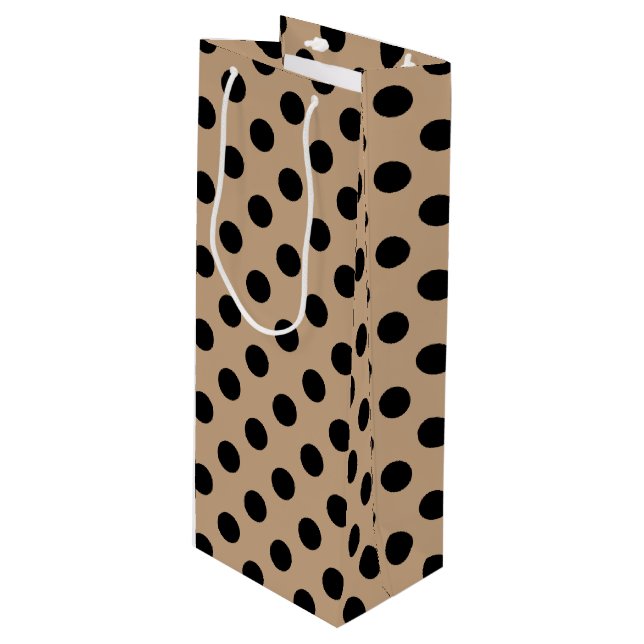 Black polka dots on beige wine gift bag (Front Angled)