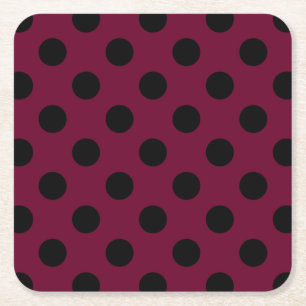 Black polka dots on burgundy square paper coaster
