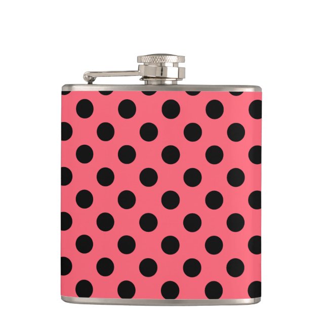 Black polka dots on coral hip flask (Front)