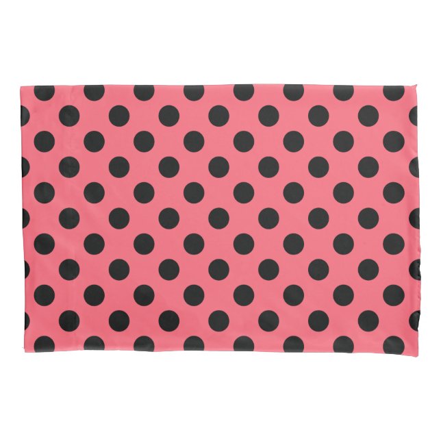 Black polka dots on coral pillowcase (Front)