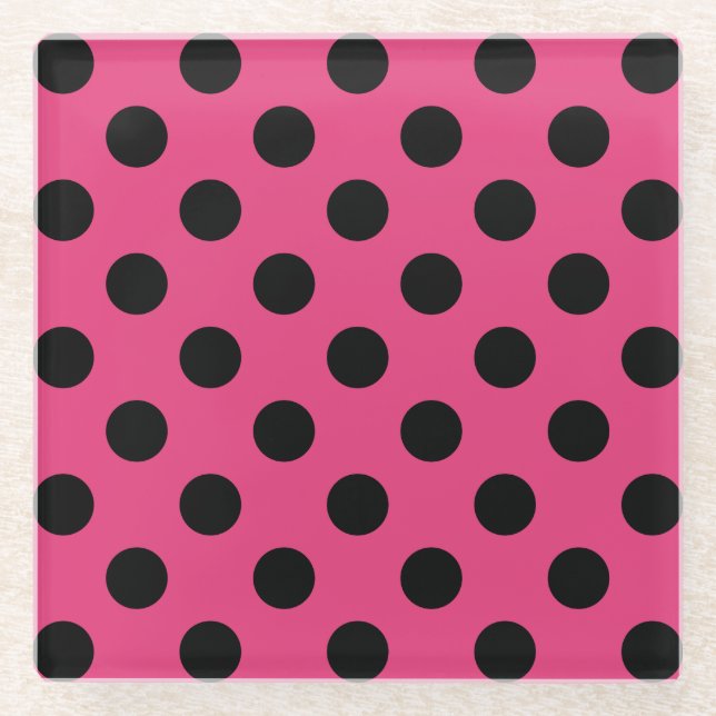 Black polka dots on fuchsia glass coaster (Front)