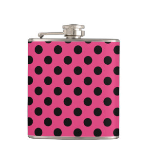 Black polka dots on fuchsia hip flask