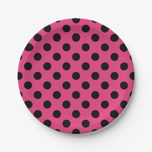 Black polka dots on fuchsia paper plate (Front)