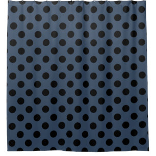Black polka dots on gray-blue shower curtain