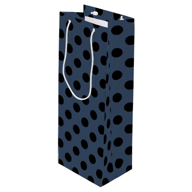 Black polka dots on gray-blue wine gift bag (Front Angled)