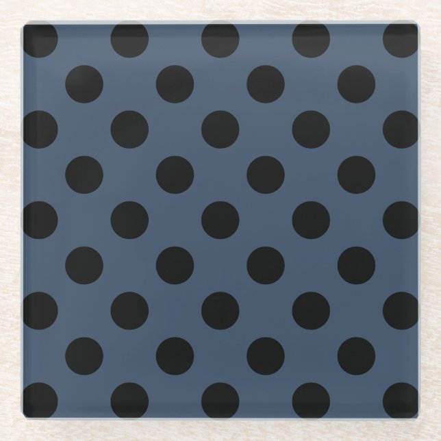 Black polka dots on grey-blue glass coaster (Front)