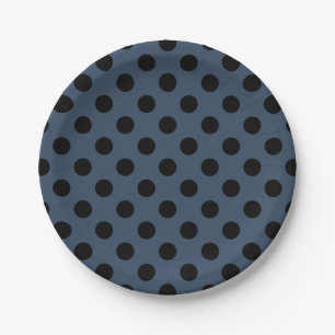 Black polka dots on grey-blue paper plate