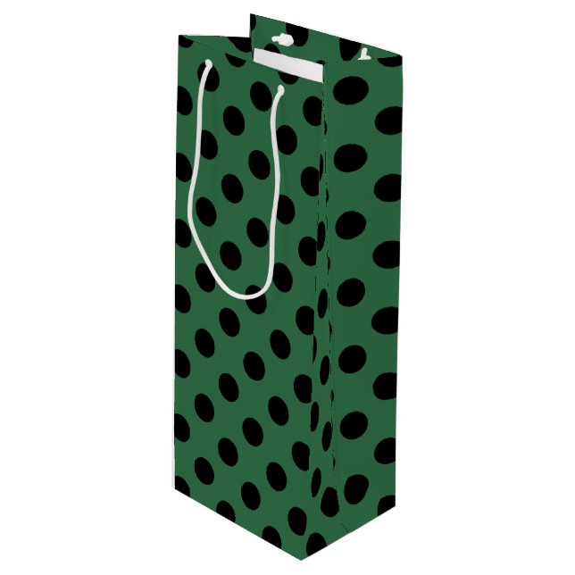 Black polka dots on kelly green wine gift bag (Front Angled)