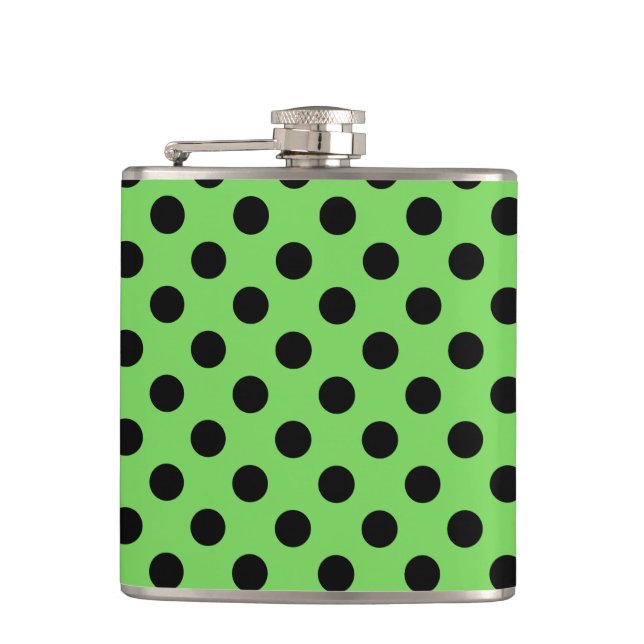 Black polka dots on lime green hip flask (Front)