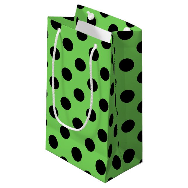 Black polka dots on lime green small gift bag (Front Angled)