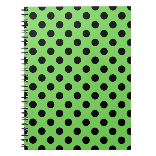 Black polka dots on lime green spiral notebook (Front)