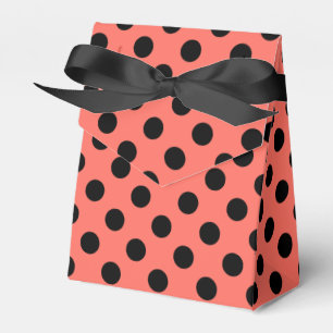 Black polka dots on living coral favour box