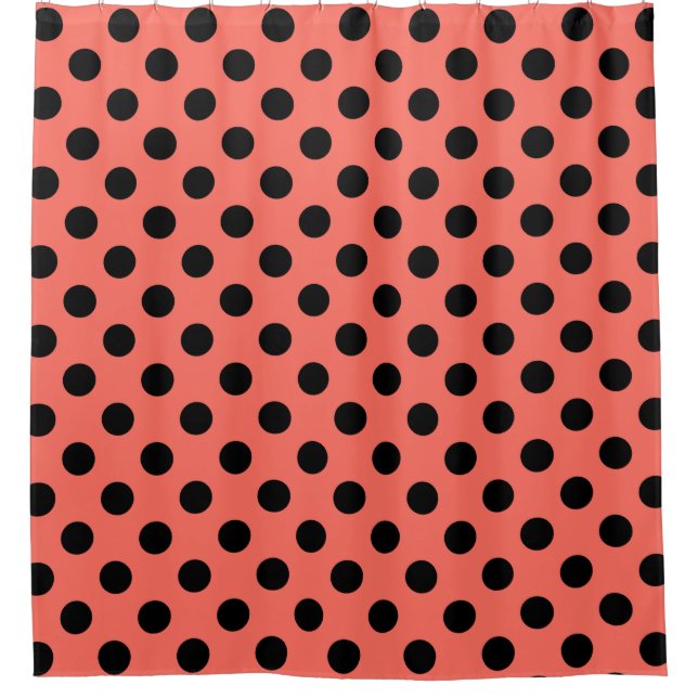 Black polka dots on living coral shower curtain (Front)