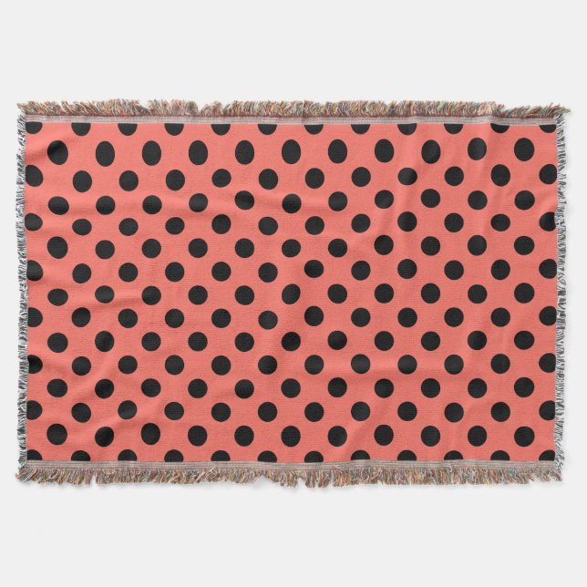 Black polka dots on living coral throw blanket (Front)